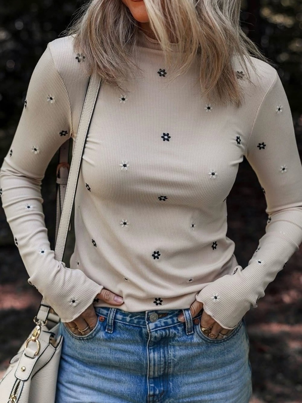 Mock Neck Ribbed Long-Sleeve Top in Beige with Floral Dots